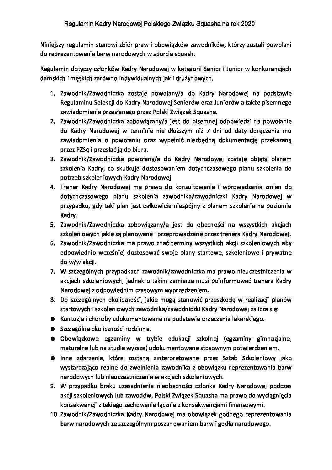 Regulamin Kadry Narodowej na rok 2020